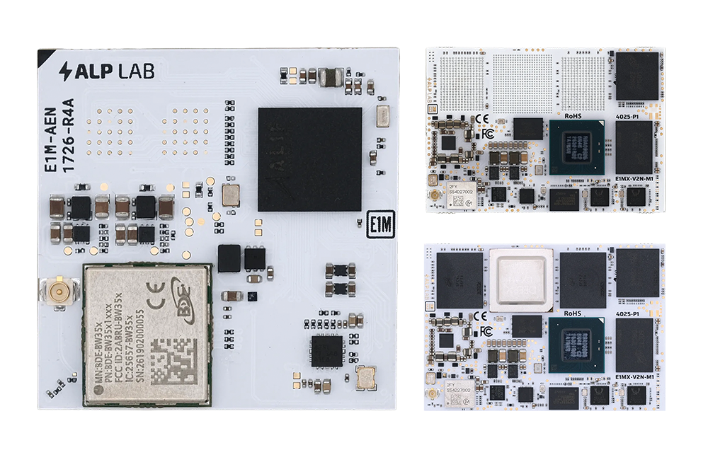 endrich is adding E1M modules from Alp Lab with varying levels of AI computing power to its portfolio (from left to right): the E1M-AEN with 0.25–0.5 TOPS, the E1M-X V2N with 4 TOPS and the E1M-X V2N+M1 with 29 TOPS.